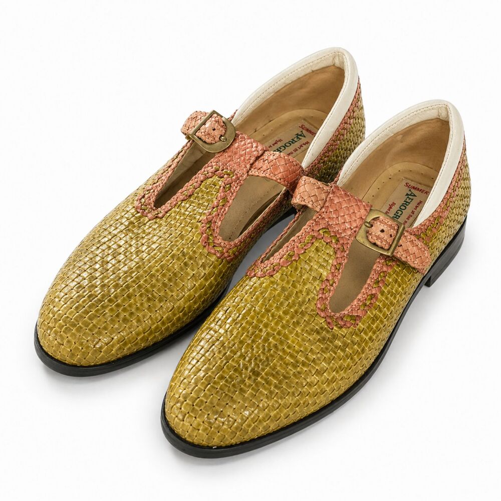 Aerogreen Italy Women's Golf Size 9 Woven T-Strap Green Gold Salmon Leather